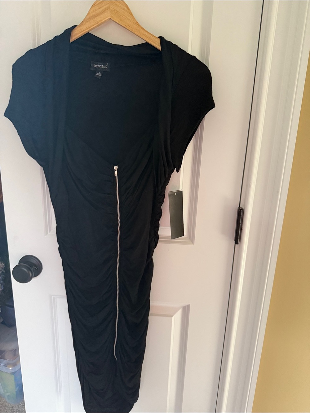 Tempted Black Ruched Zip-Front Midi Dress